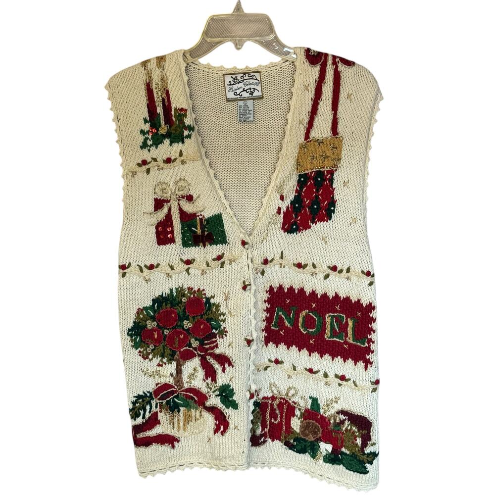 Vtg Christmas Ramie Cotton Cardigan Vest Holiday Wreath Noel Sweater LG Bow Red